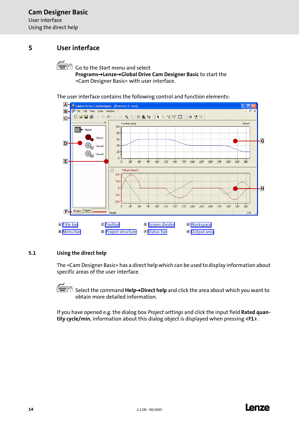 5 user interface, 1 using the direct help, User interface | Cam designer basic, 5user interface | Lenze Cam Designer Basic User Manual | Page 14 / 53