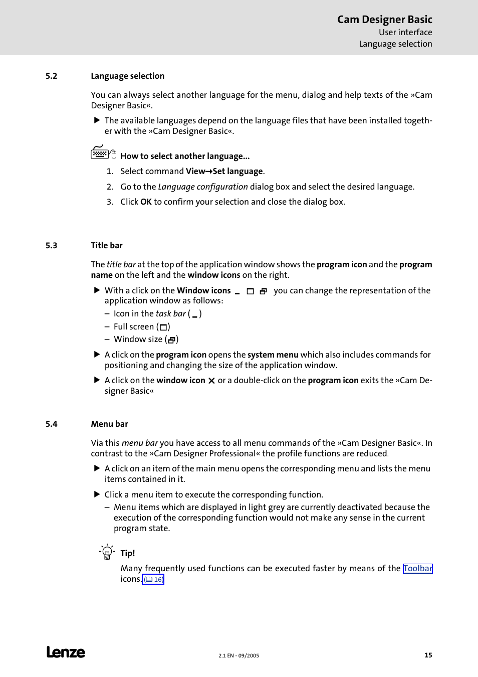 2 language selection, 3 title bar, 4 menu bar | Title bar, Menu bar, Cam designer basic | Lenze Cam Designer Basic User Manual | Page 15 / 53