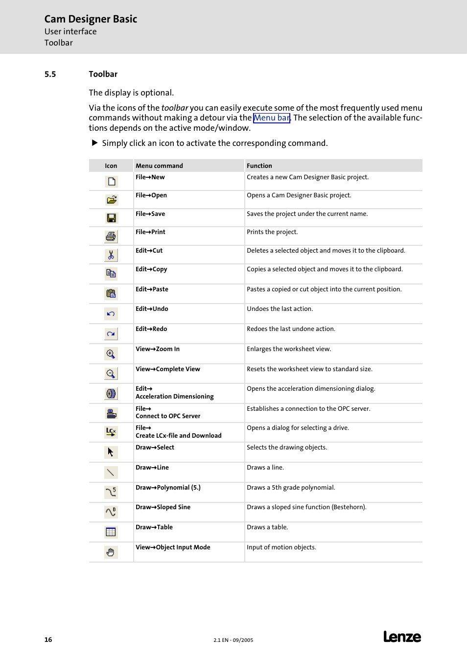 5 toolbar, Toolbar, Cam designer basic | Lenze Cam Designer Basic User Manual | Page 16 / 53