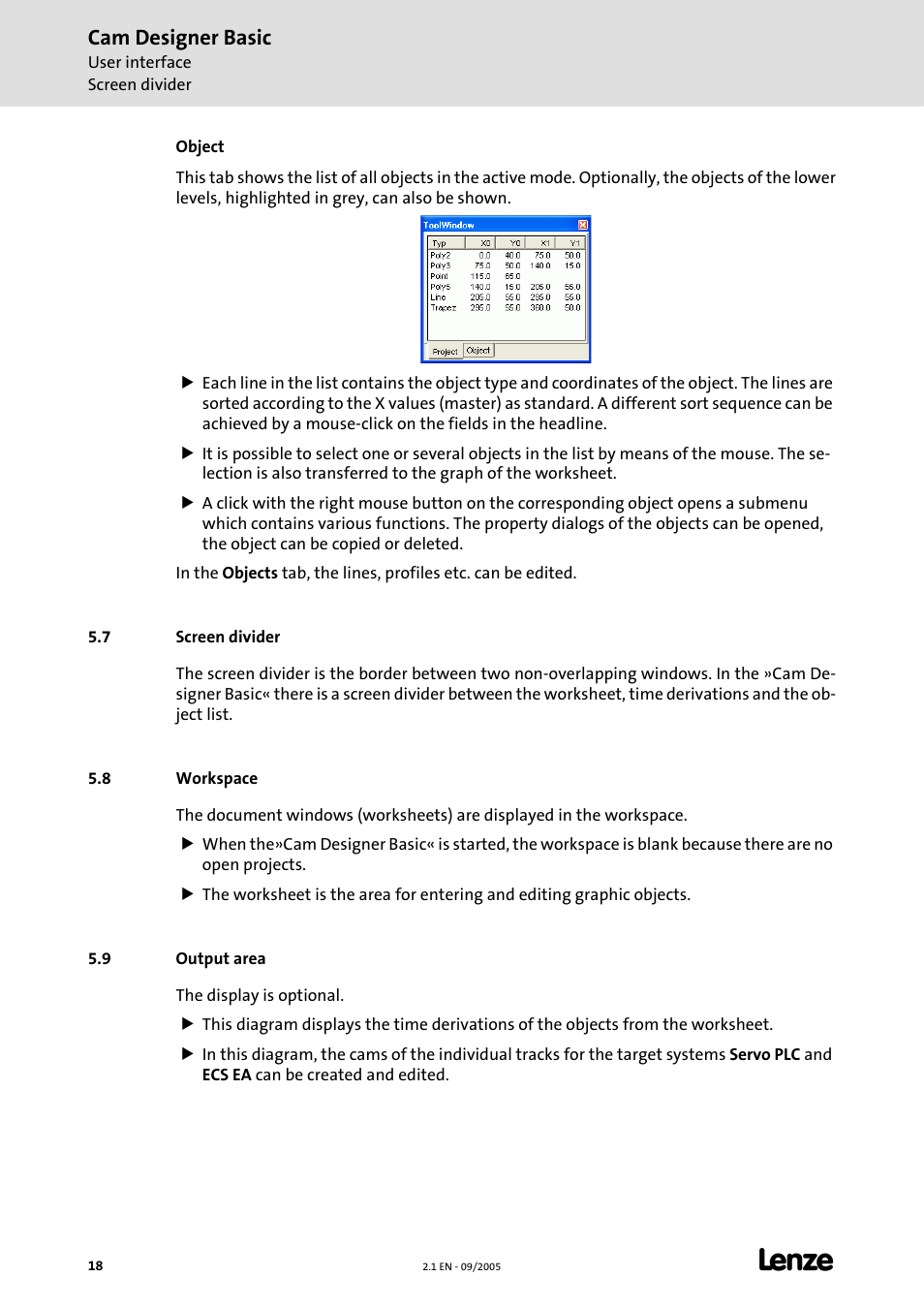 7 screen divider, 8 workspace, 9 output area | 7 screen divider 5.8 workspace 5.9 output area, Screen divider, Workspace, Output area, Cam designer basic | Lenze Cam Designer Basic User Manual | Page 18 / 53