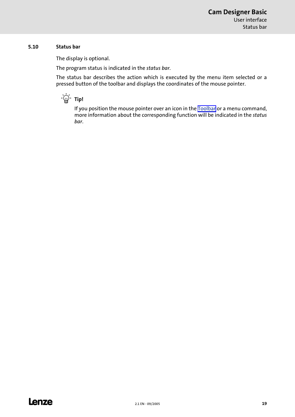 10 status bar, Status bar | Lenze Cam Designer Basic User Manual | Page 19 / 53