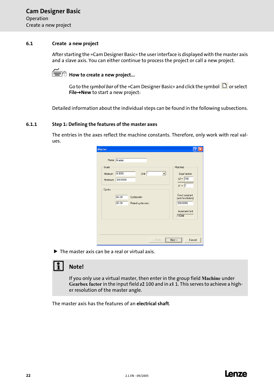 1 create a new project, 1 step 1: defining the features of the master axes, Create a new project | Cam designer basic | Lenze Cam Designer Basic User Manual | Page 22 / 53