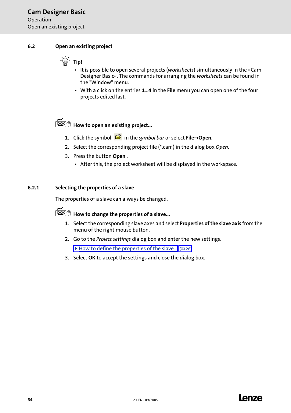 2 open an existing project, 1 selecting the properties of a slave, Open an existing project | Cam designer basic | Lenze Cam Designer Basic User Manual | Page 34 / 53