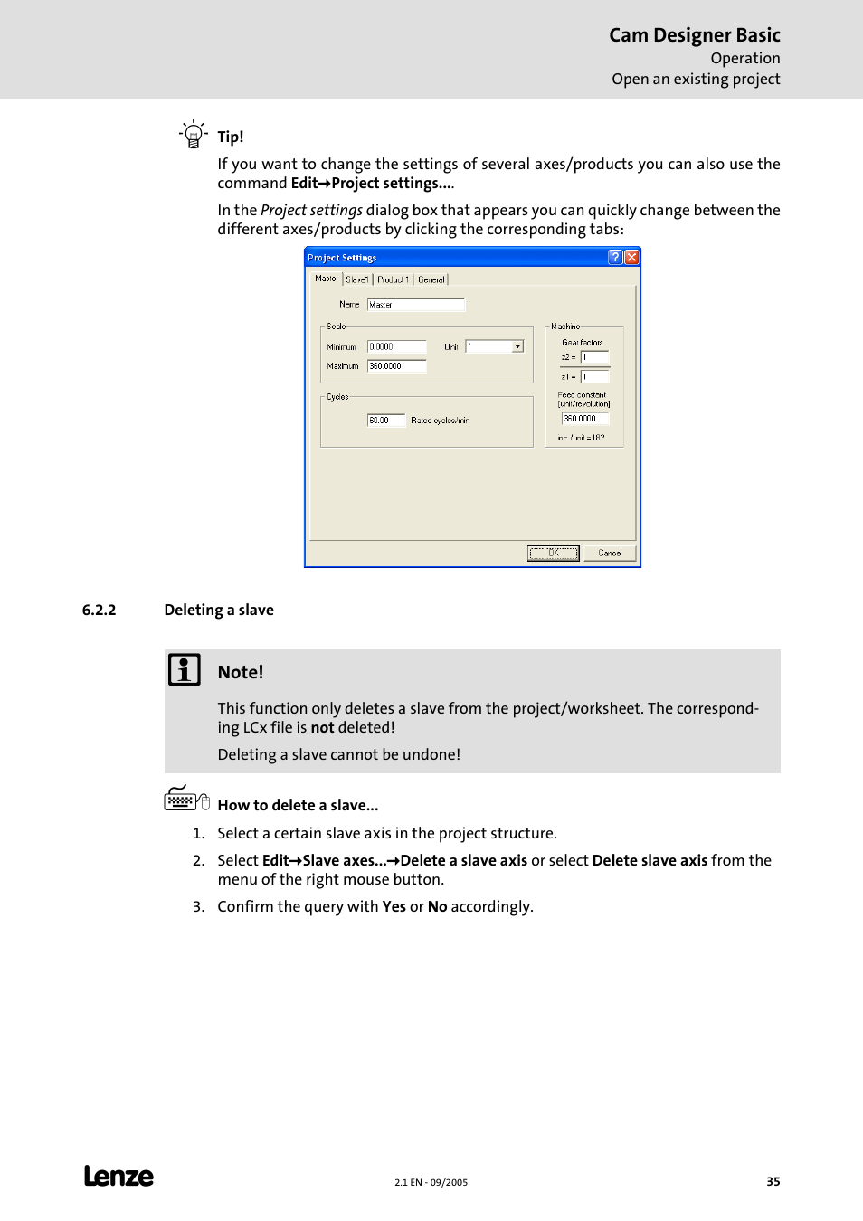 2 deleting a slave | Lenze Cam Designer Basic User Manual | Page 35 / 53