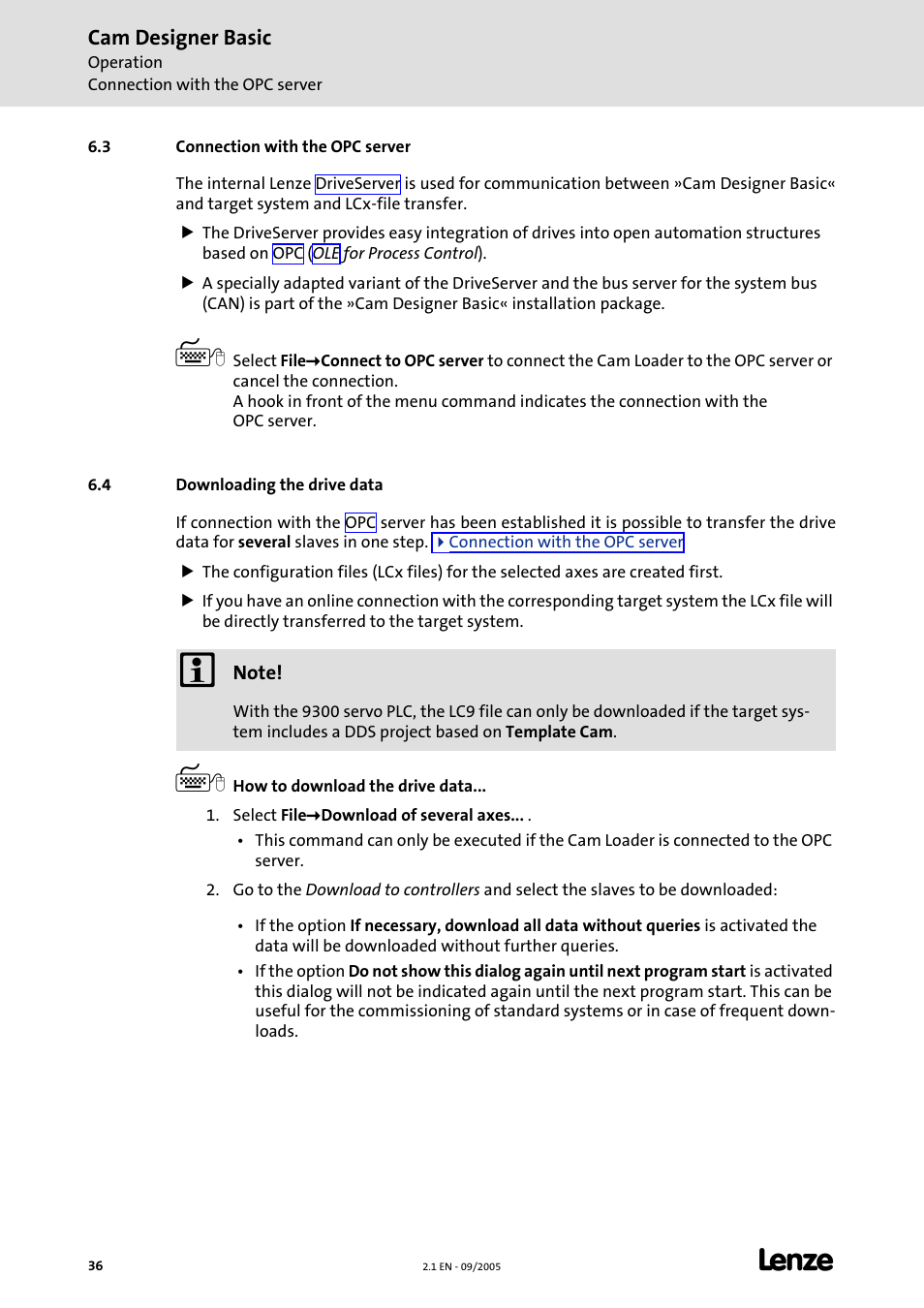 3 connection with the opc server, 4 downloading the drive data, Downloading the drive data | Cam designer basic | Lenze Cam Designer Basic User Manual | Page 36 / 53