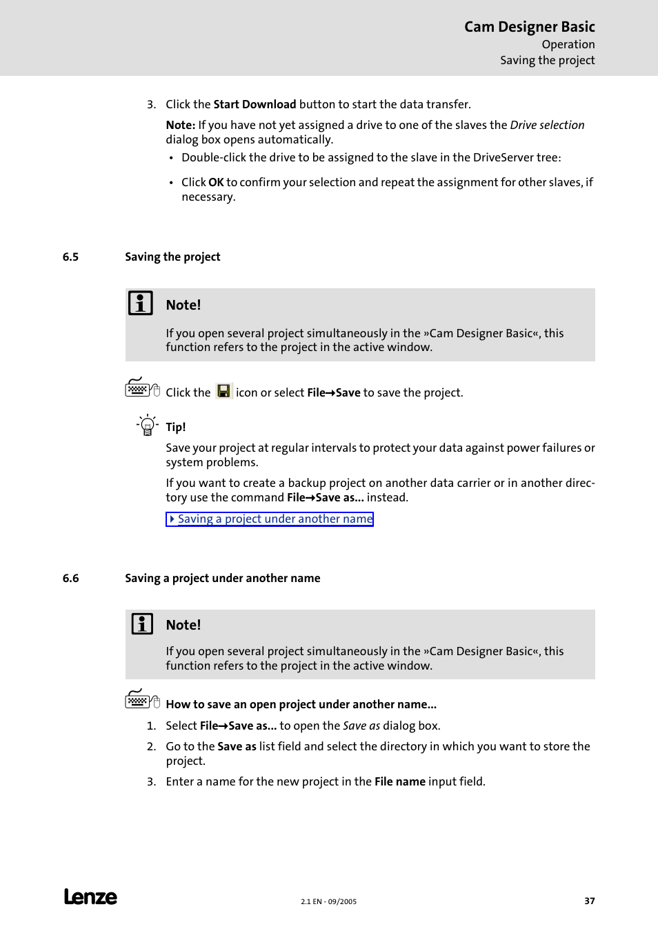 5 saving the project, 6 saving a project under another name | Lenze Cam Designer Basic User Manual | Page 37 / 53