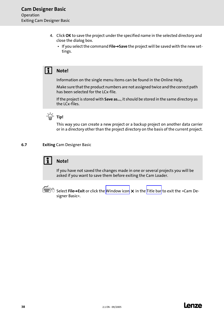 7 exiting cam designer basic | Lenze Cam Designer Basic User Manual | Page 38 / 53