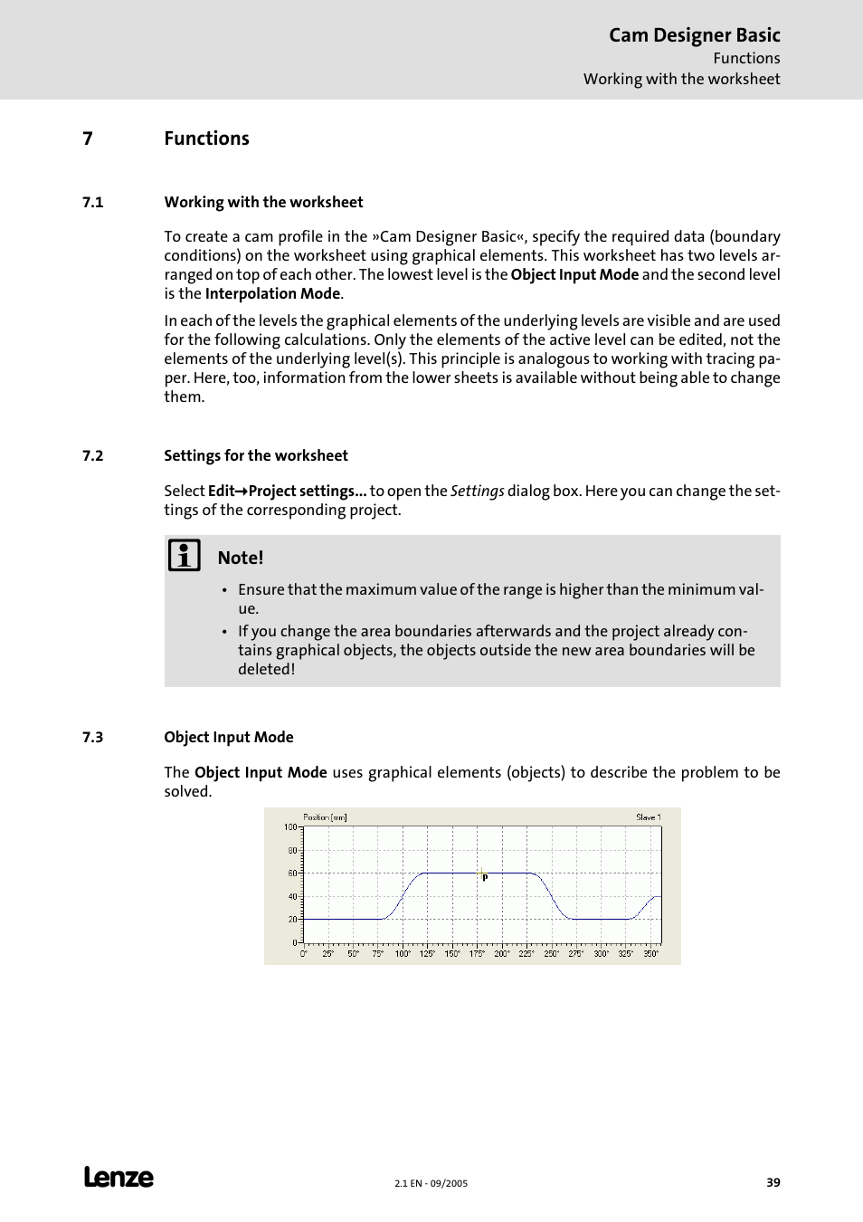 7 functions, 1 working with the worksheet, 2 settings for the worksheet | 3 object input mode, Functions, Cam designer basic, 7functions | Lenze Cam Designer Basic User Manual | Page 39 / 53