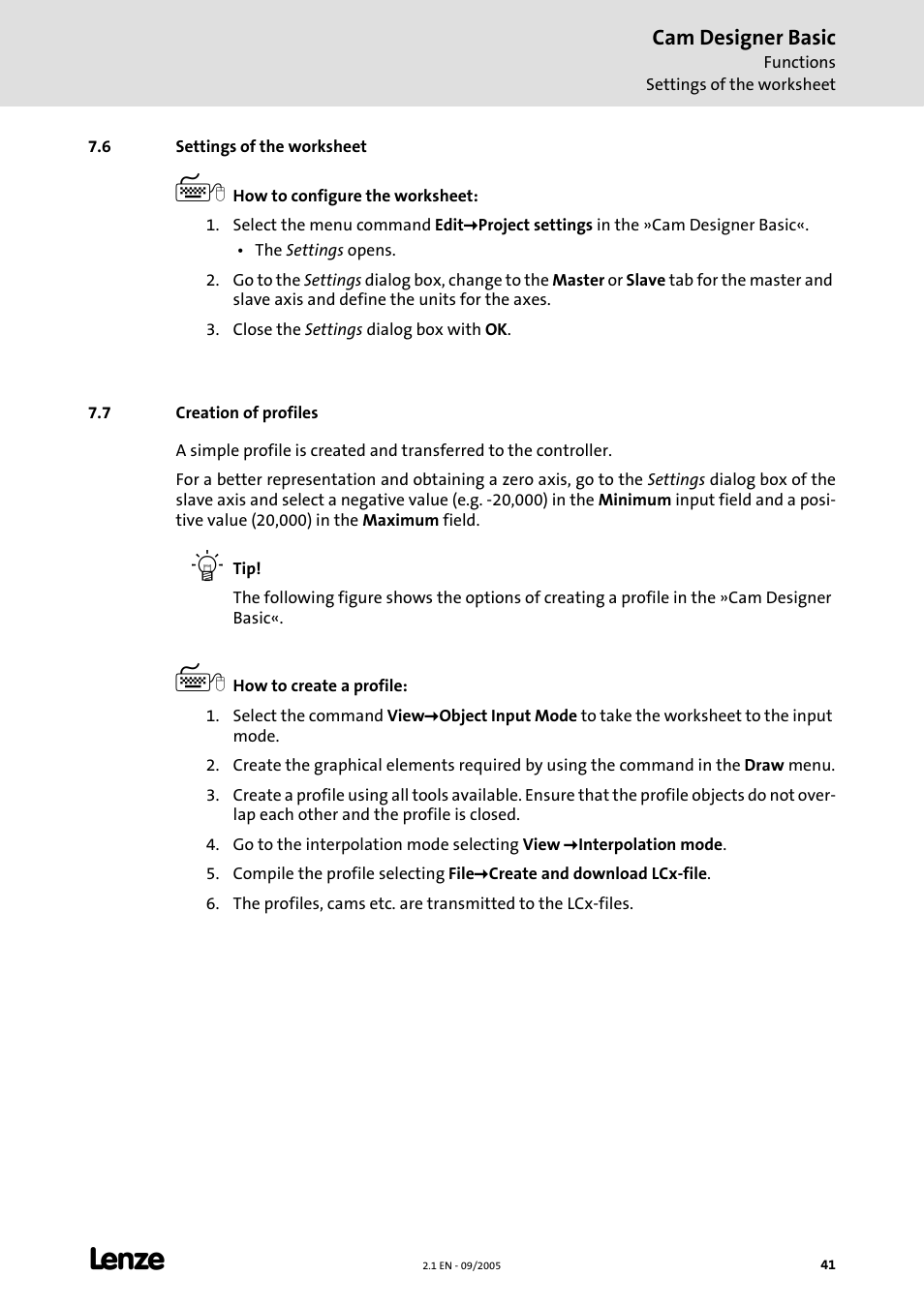 6 settings of the worksheet, 7 creation of profiles, Settings of the worksheet | Creation of profiles | Lenze Cam Designer Basic User Manual | Page 41 / 53