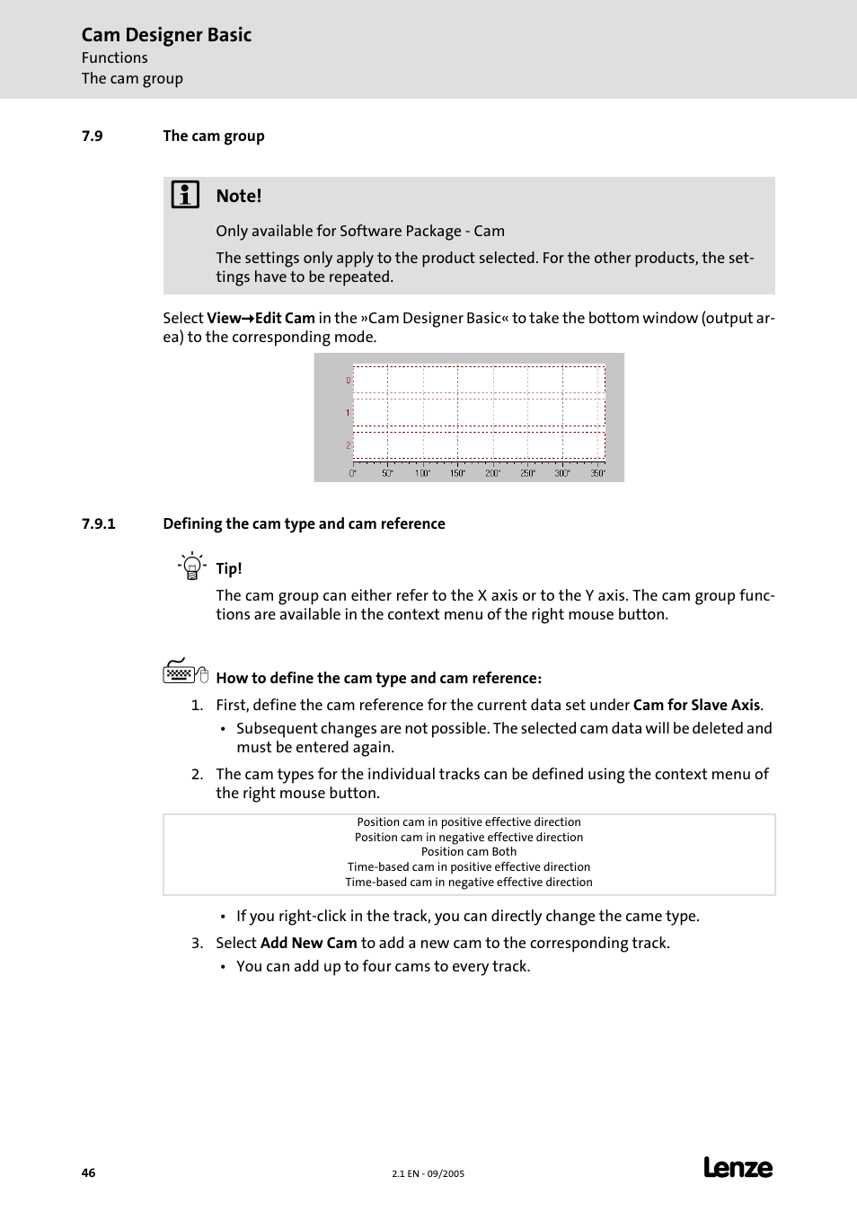 9 the cam group, 1 defining the cam type and cam reference, Cam designer basic | Lenze Cam Designer Basic User Manual | Page 46 / 53