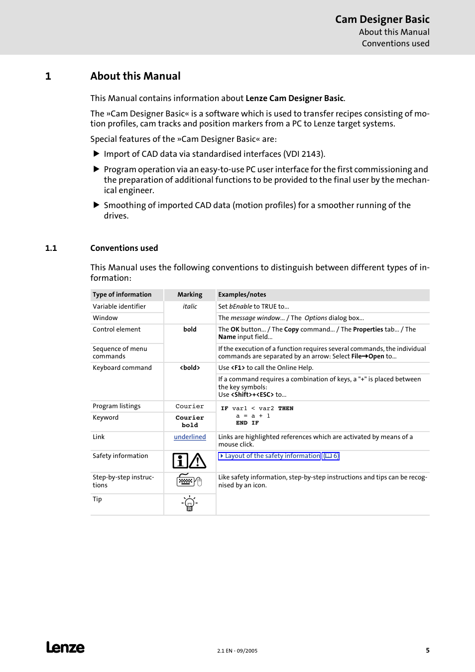 1 about this manual, 1 conventions used, About this manual | Cam designer basic, 1about this manual | Lenze Cam Designer Basic User Manual | Page 5 / 53