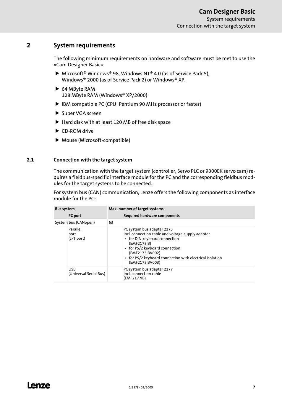 2 system requirements, 1 connection with the target system, System requirements | Cam designer basic, 2system requirements | Lenze Cam Designer Basic User Manual | Page 7 / 53