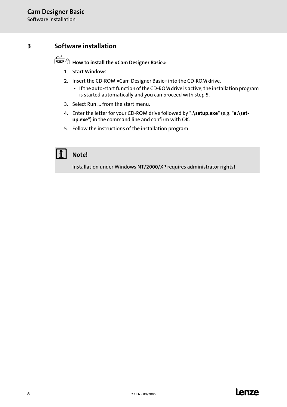 3 software installation, Software installation | Lenze Cam Designer Basic User Manual | Page 8 / 53