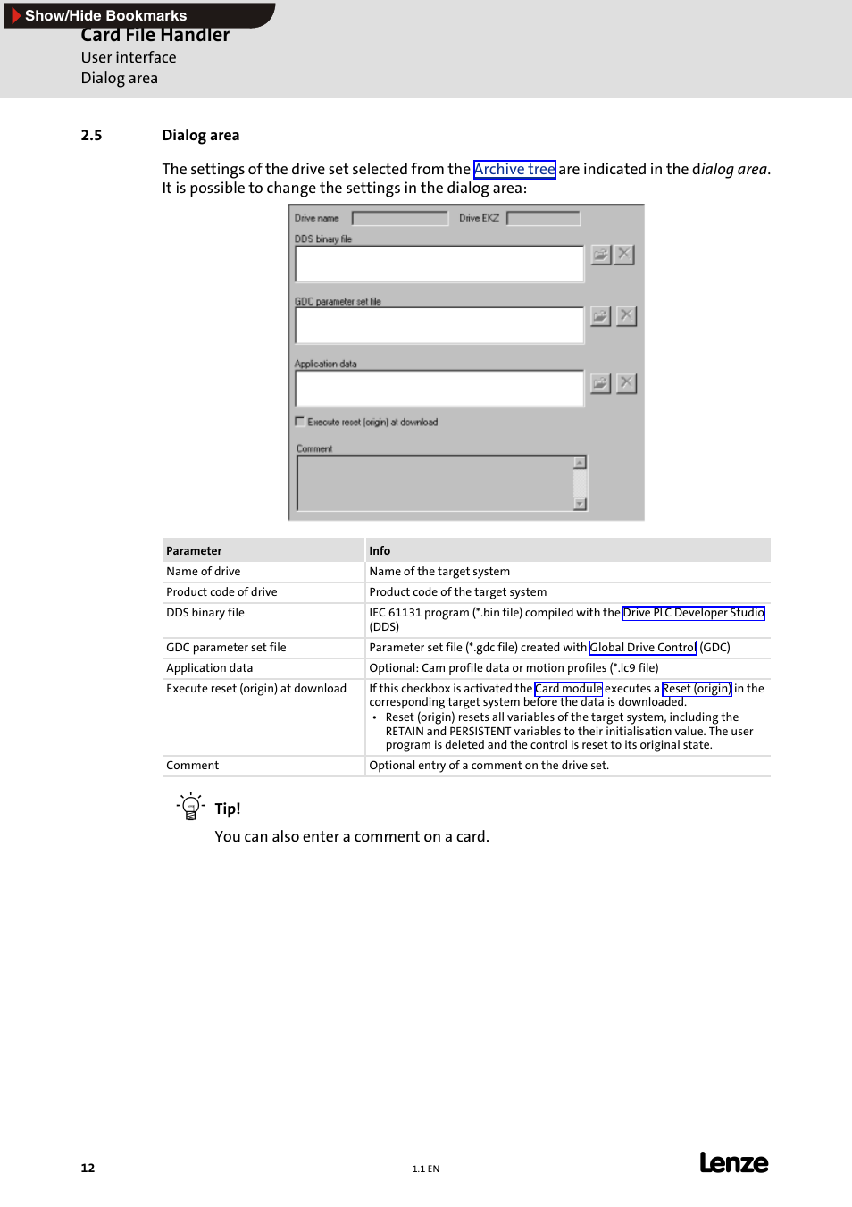 5 dialog area, Dialog area, E 12) | Displayed in the, Drive set in the, Card file handler | Lenze Card File Handler User Manual | Page 12 / 37
