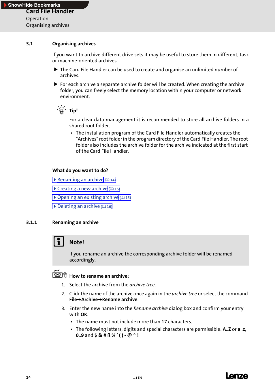 1 organising archives, 1 renaming an archive, Card file handler | Lenze Card File Handler User Manual | Page 14 / 37