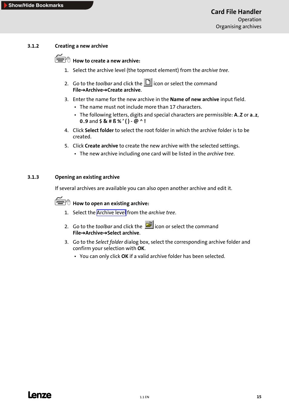 2 creating a new archive, 3 opening an existing archive, Creating a new archive (e 15) | Opening an existing archive (e 15), Creating a new archive, E 15), Opening an existing archive, Card file handler | Lenze Card File Handler User Manual | Page 15 / 37