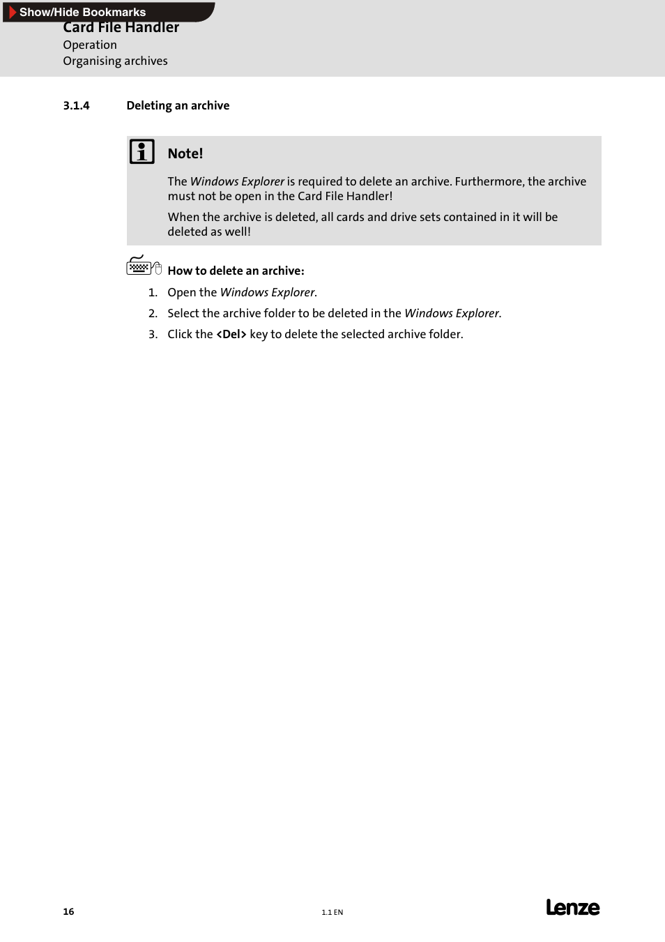 4 deleting an archive, Deleting an archive, E 16) | Lenze Card File Handler User Manual | Page 16 / 37