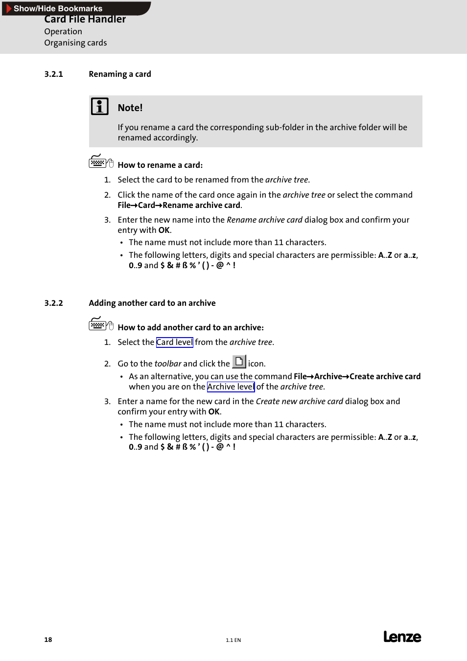 1 renaming a card, 2 adding another card to an archive, Adding another card to an archive (e 18) | Adding another card to an archive, E 18), Renaming a card | Lenze Card File Handler User Manual | Page 18 / 37