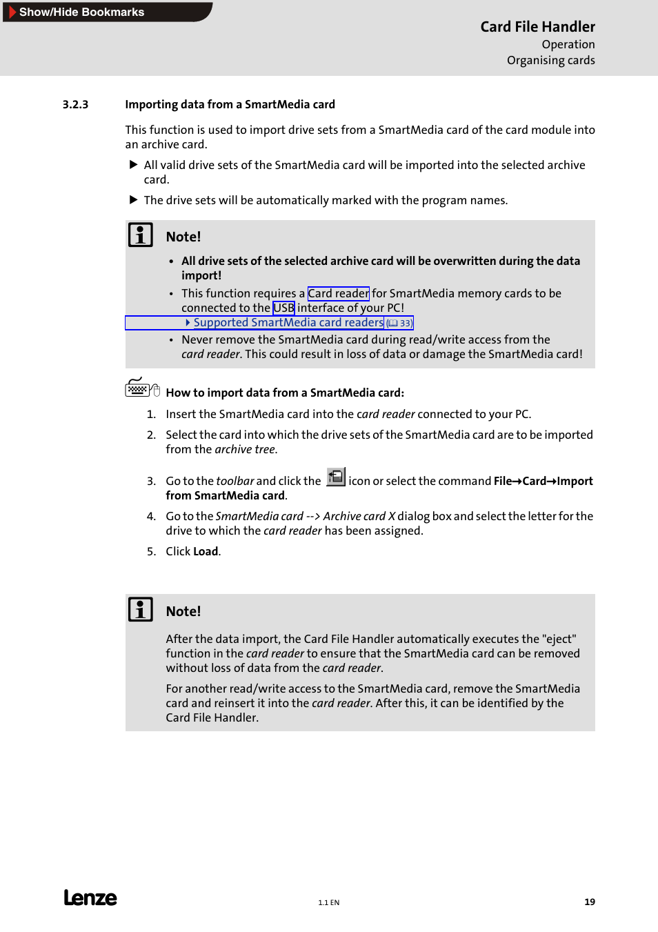 3 importing data from a smartmedia card, Importing data from a smartmedia card (e 19), Importing data from a smartmedia card | E 19), Card file handler | Lenze Card File Handler User Manual | Page 19 / 37