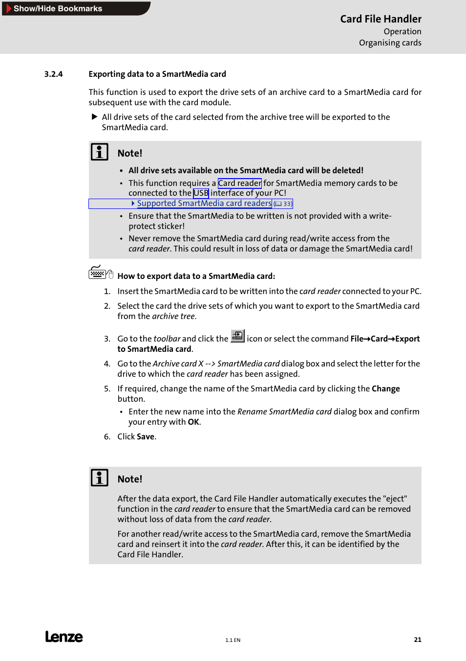 4 exporting data to a smartmedia card, Exporting data to a smartmedia card (e 21), Exporting data to a smartmedia card | E 21), Card file handler | Lenze Card File Handler User Manual | Page 21 / 37