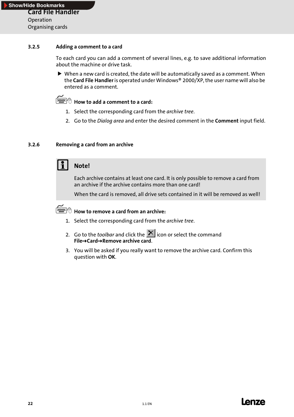 5 adding a comment to a card, 6 removing a card from an archive, Removing a card from an archive (e 22) | Adding a comment to a card, E 22), Removing a card from an archive | Lenze Card File Handler User Manual | Page 22 / 37
