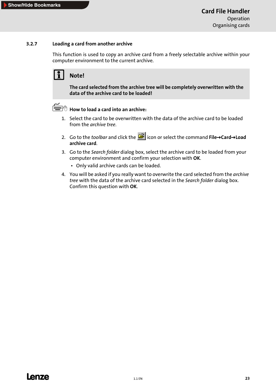 7 loading a card from another archive, Loading a card from another archive (e 23), Loading a card from another archive | E 23) | Lenze Card File Handler User Manual | Page 23 / 37