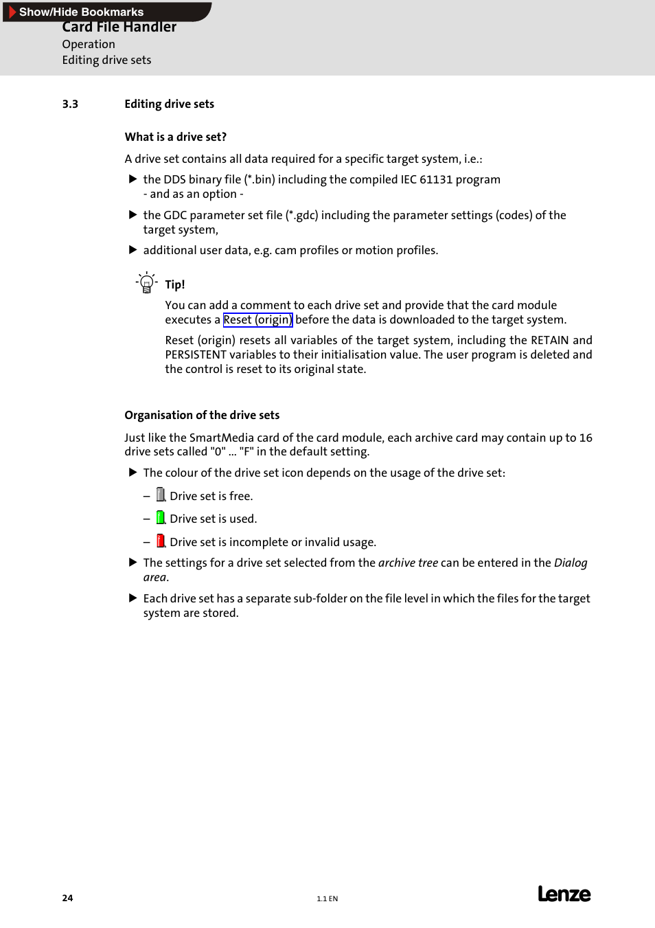 3 editing drive sets, Editing drive sets, E 24) | Card file handler | Lenze Card File Handler User Manual | Page 24 / 37