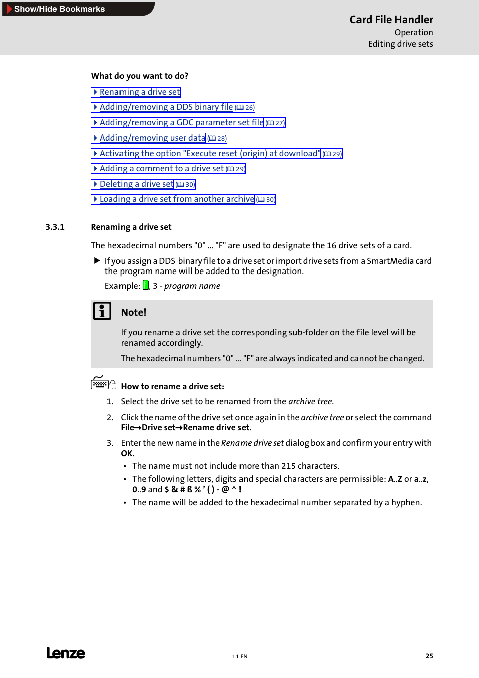 1 renaming a drive set, Card file handler | Lenze Card File Handler User Manual | Page 25 / 37