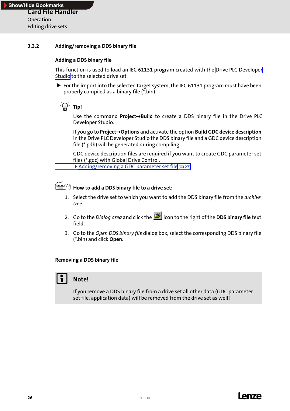 2 adding/removing a dds binary file, Adding/removing a dds binary file, E 26) | Lenze Card File Handler User Manual | Page 26 / 37