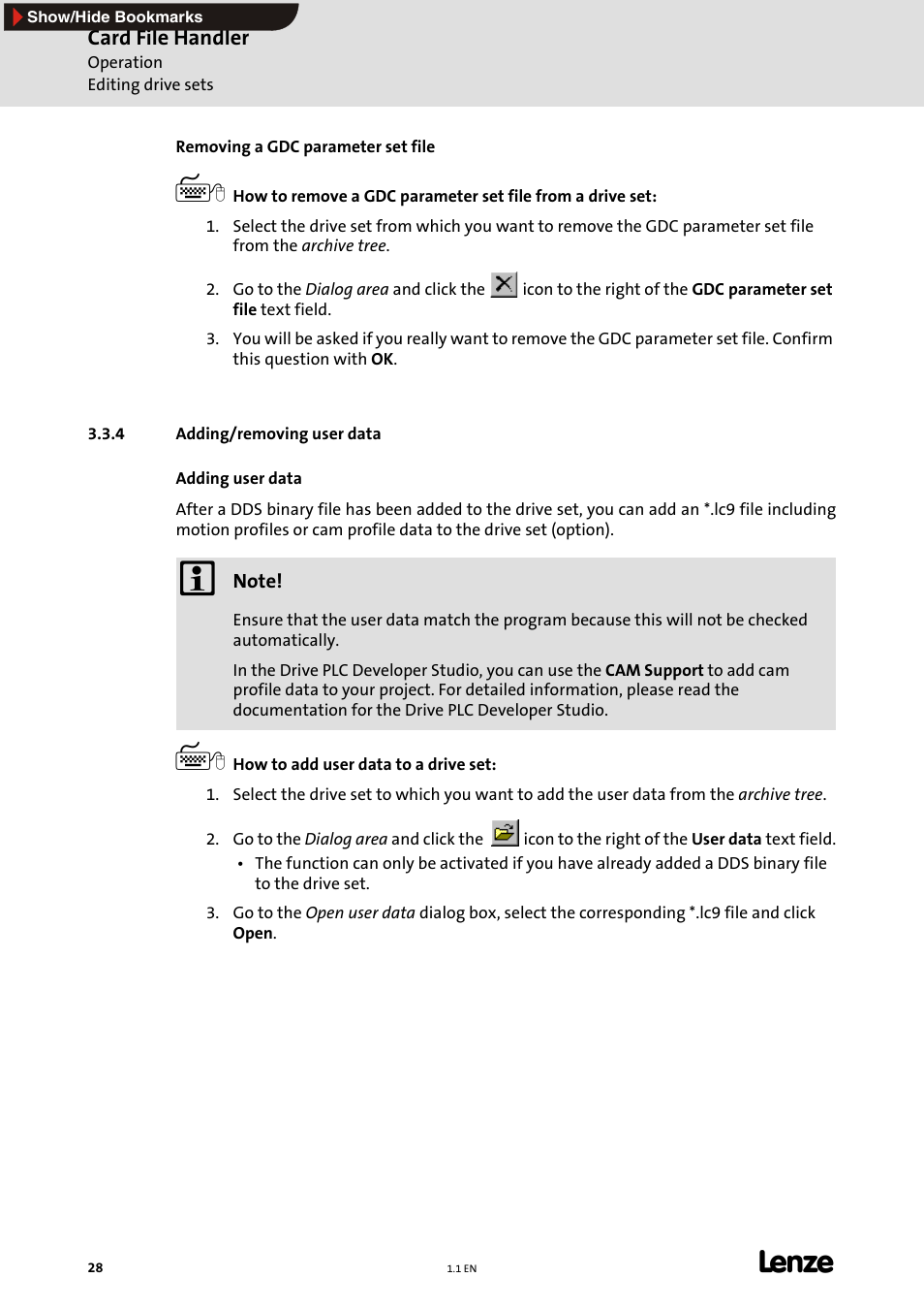 4 adding/removing user data, Adding/removing user data, E 28) | Lenze Card File Handler User Manual | Page 28 / 37