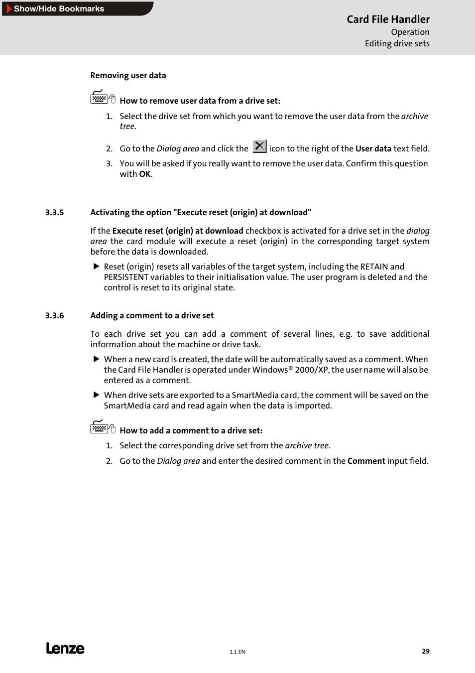 6 adding a comment to a drive set, E 29), Adding a comment to a drive set | Card file handler | Lenze Card File Handler User Manual | Page 29 / 37