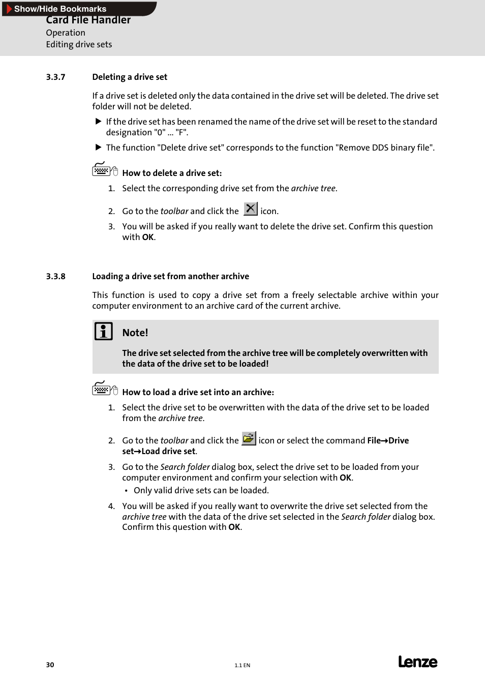 7 deleting a drive set, 8 loading a drive set from another archive, Loading a drive set from another archive | Loading a drive set from another archive (e 30), Deleting a drive set (e 30), Deleting a drive set, E 30), Card file handler | Lenze Card File Handler User Manual | Page 30 / 37