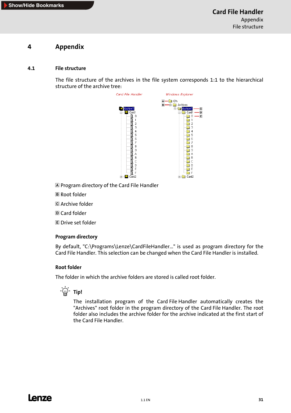 4 appendix, 1 file structure, Appendix | Card file handler, 4appendix | Lenze Card File Handler User Manual | Page 31 / 37