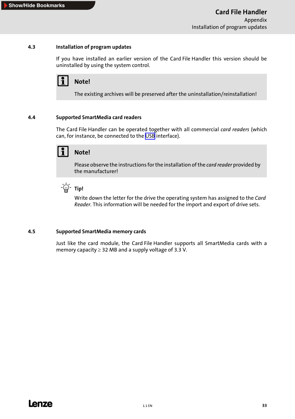 3 installation of program updates, 4 supported smartmedia card readers, 5 supported smartmedia memory cards | Supported smartmedia card readers, E 33) | Lenze Card File Handler User Manual | Page 33 / 37