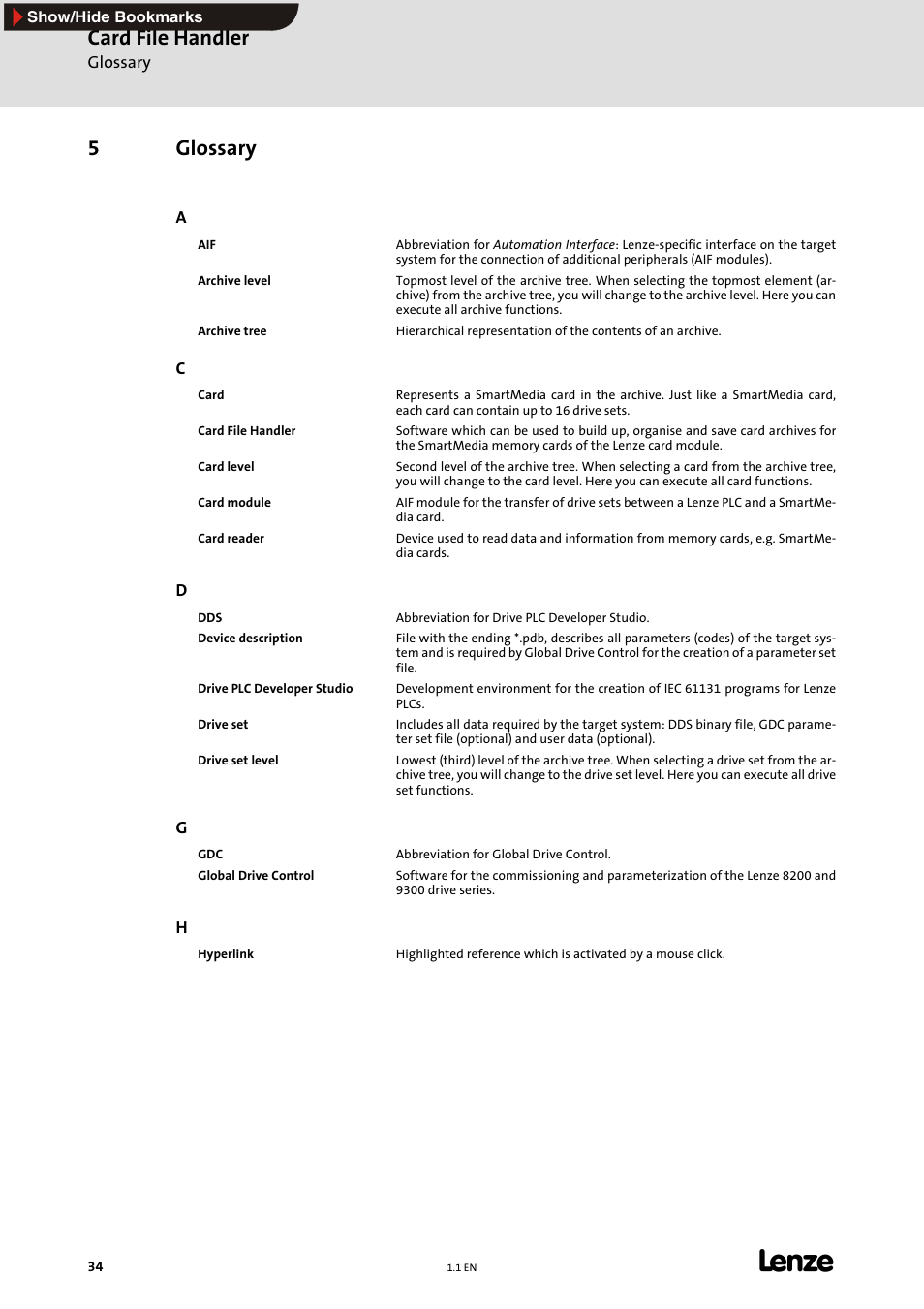 5 glossary, Glossary, When a card reader is connected to your | Control (option) and additi, Ile) compiled with the drive plc developer studio, Global drive control, The card module execute, If a card reader for, His function requires a card reader, Drive plc developer | Lenze Card File Handler User Manual | Page 34 / 37