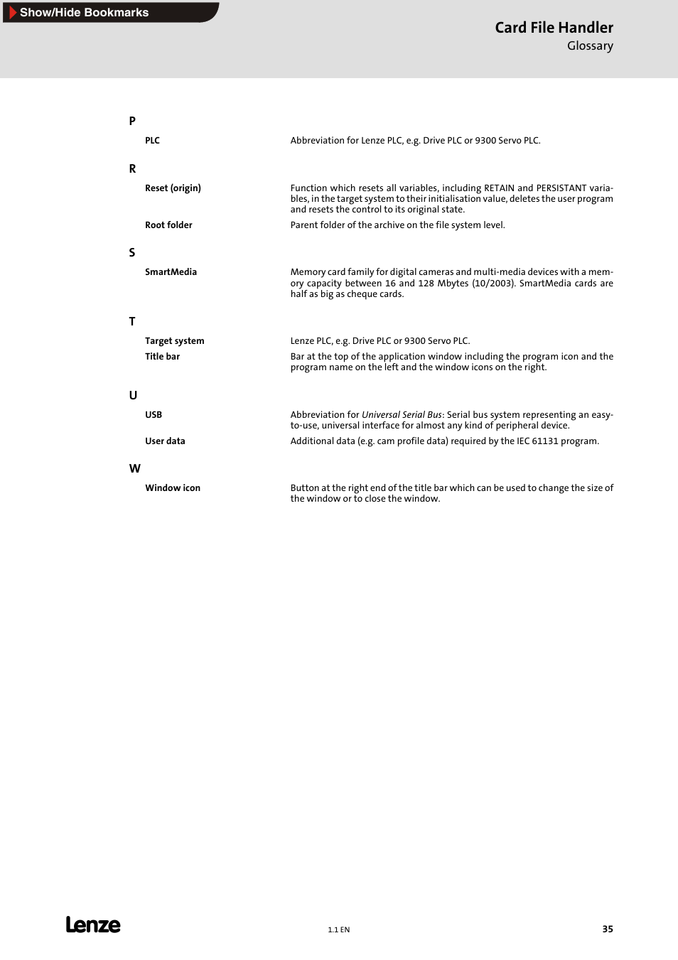 Reset (origin) in the, Smartmedia, Connected to the usb interface of | Card file handler | Lenze Card File Handler User Manual | Page 35 / 37