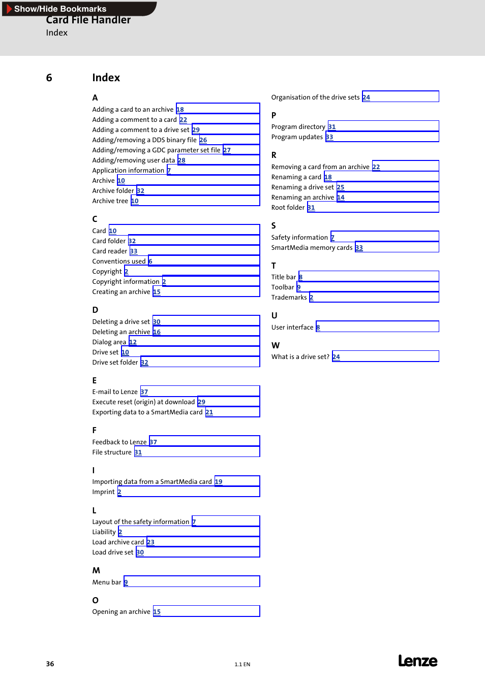 6 index, Index, Card file handler | 6index | Lenze Card File Handler User Manual | Page 36 / 37