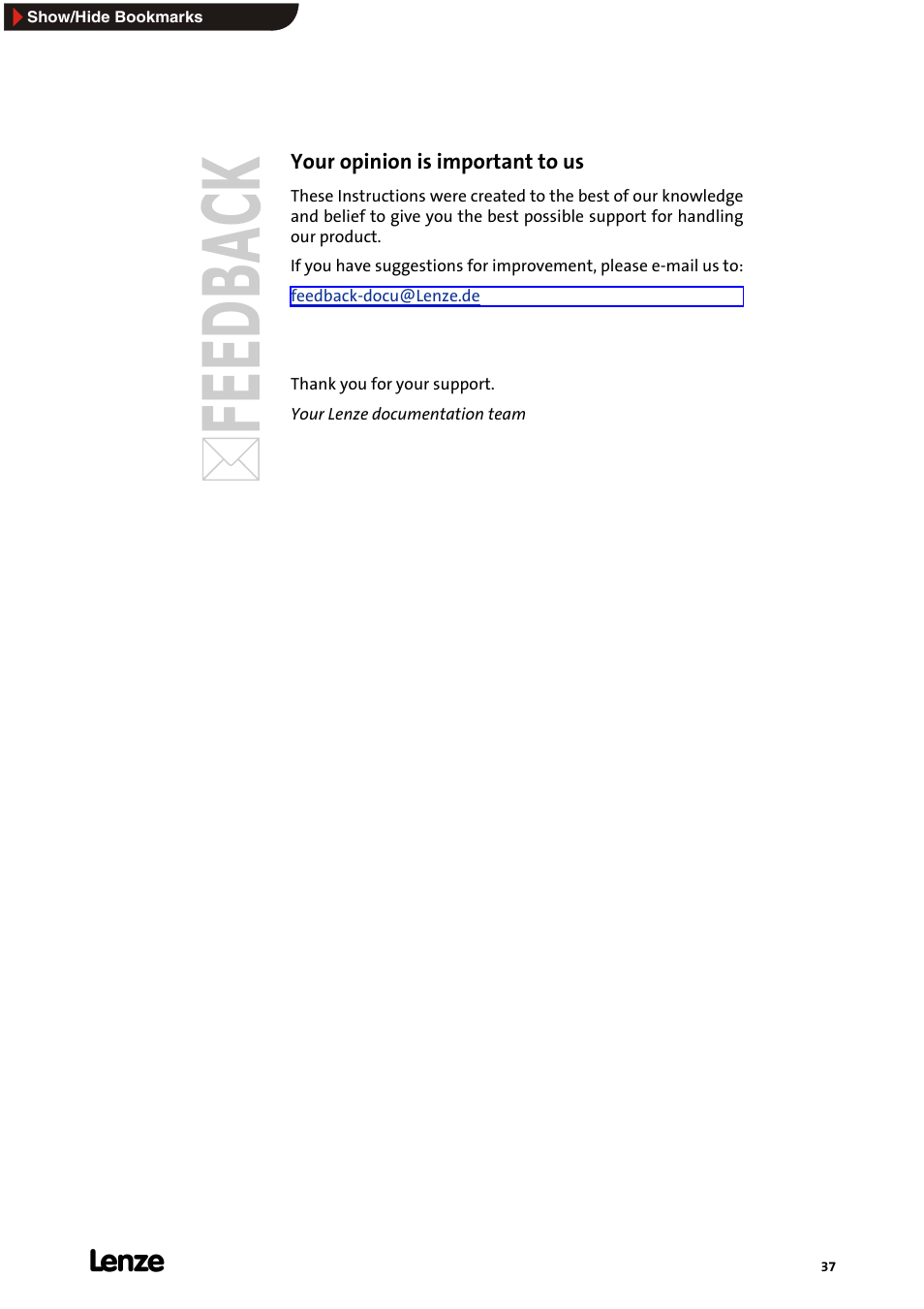 Your opinion is important to us | Lenze Card File Handler User Manual | Page 37 / 37
