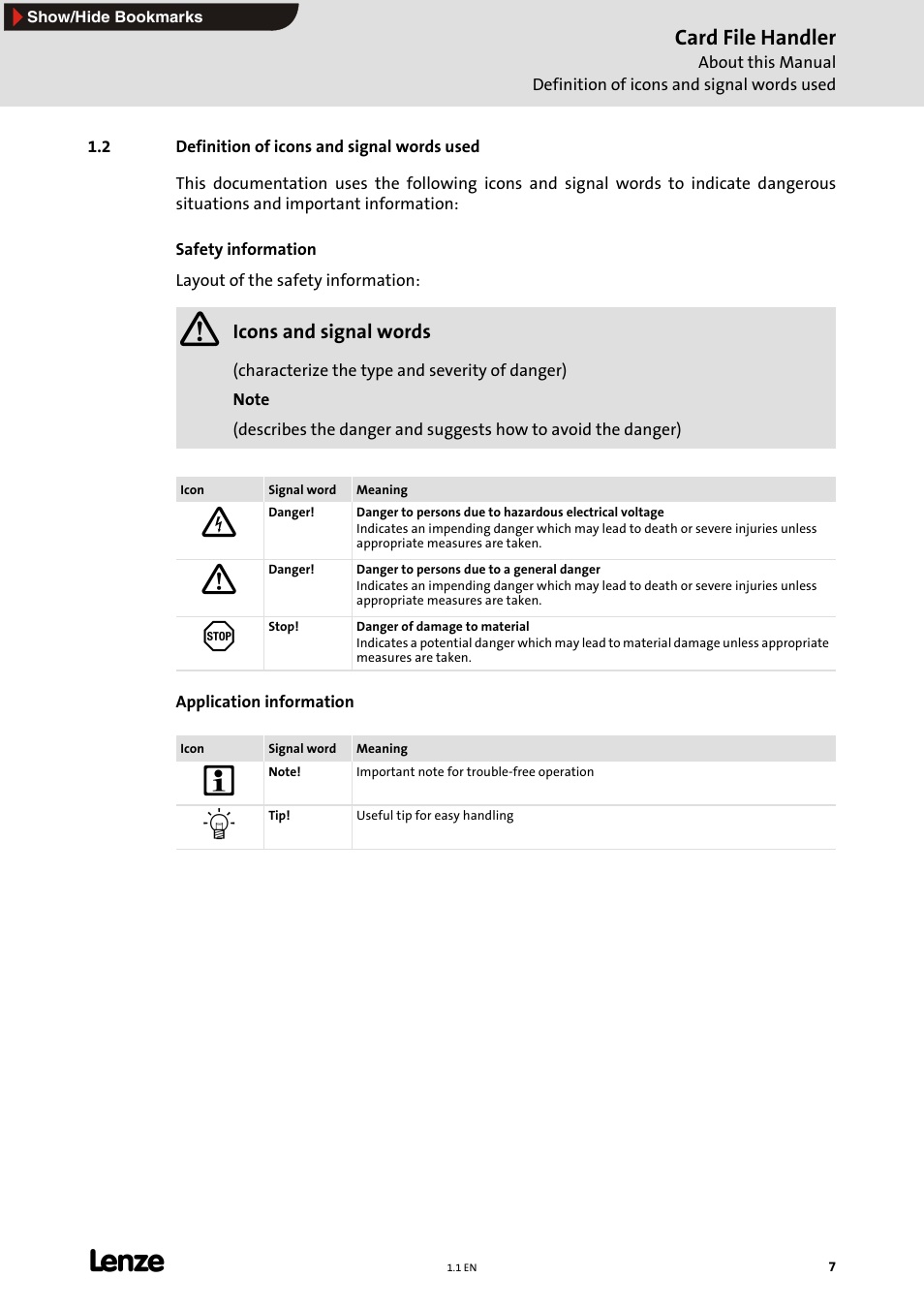 2 definition of icons and signal words used, Card file handler | Lenze Card File Handler User Manual | Page 7 / 37