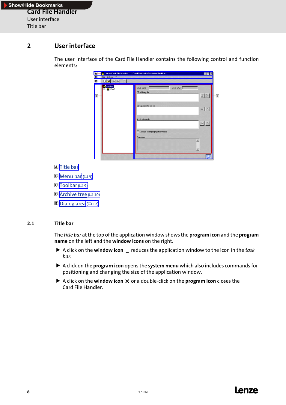 2 user interface, 1 title bar, User interface | Card file handler, 2user interface | Lenze Card File Handler User Manual | Page 8 / 37