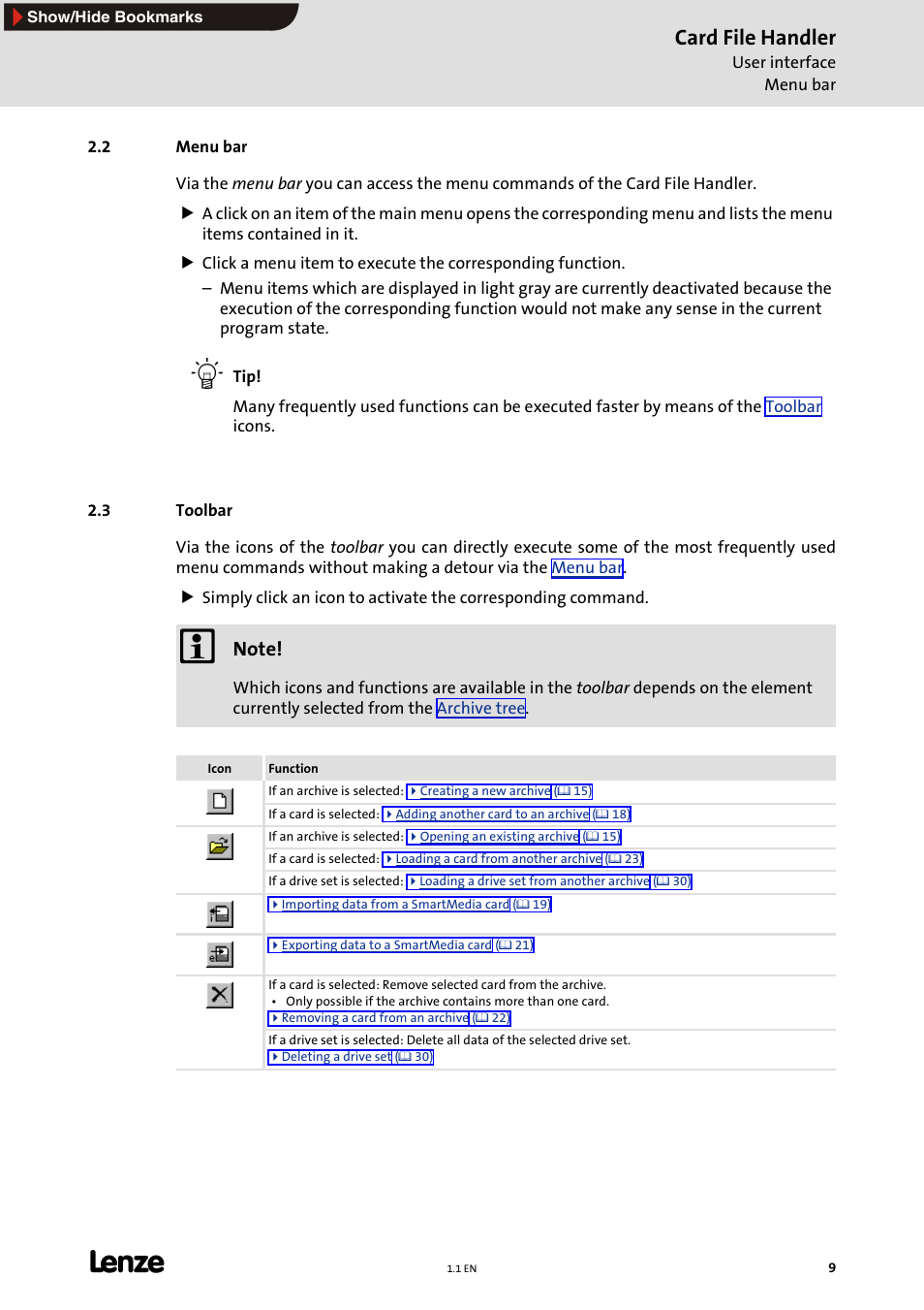 2 menu bar, 3 toolbar, Menu bar | E 9), Toolbar, Card file handler | Lenze Card File Handler User Manual | Page 9 / 37