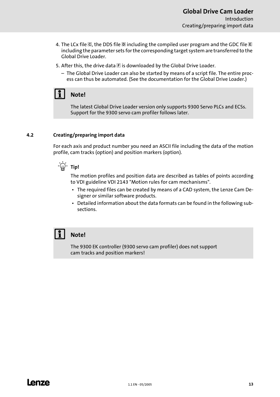 2 creating/preparing import data, Creating/preparing import data | Lenze Global Drive Cam Loader User Manual | Page 13 / 54