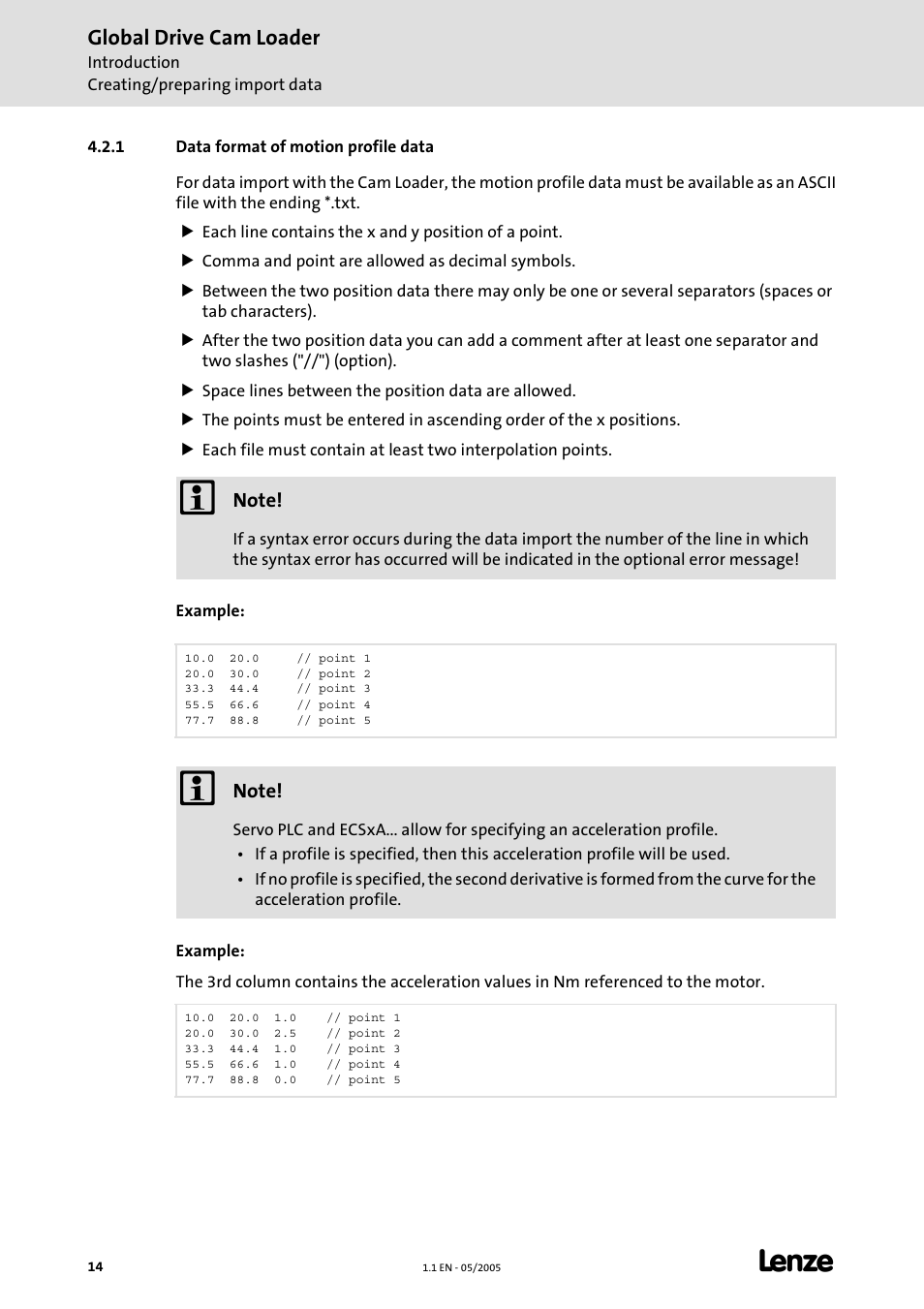 1 data format of motion profile data, Global drive cam loader | Lenze Global Drive Cam Loader User Manual | Page 14 / 54