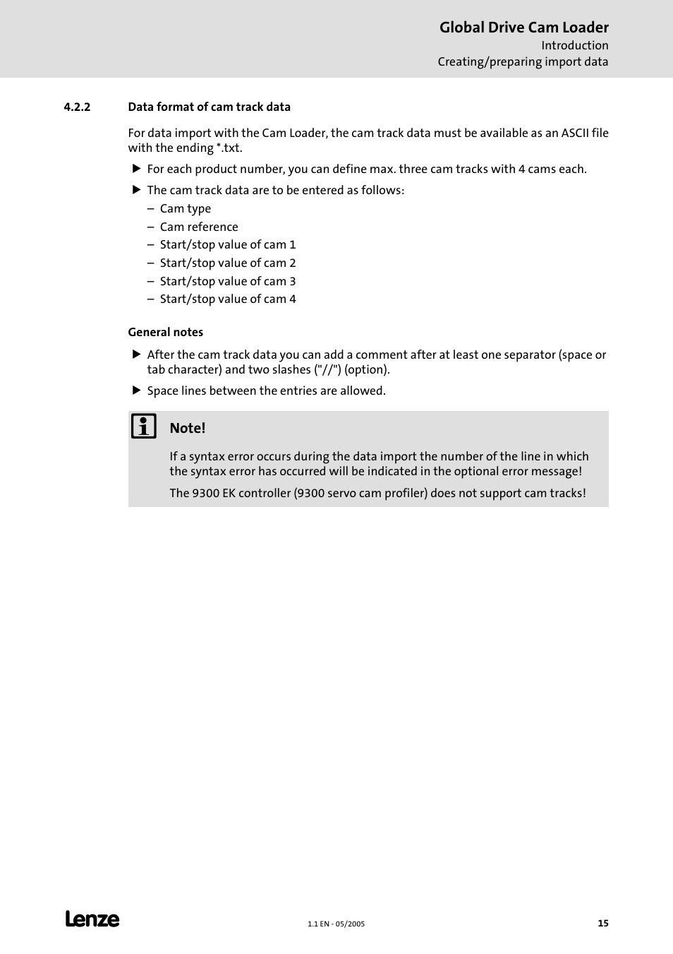 2 data format of cam track data | Lenze Global Drive Cam Loader User Manual | Page 15 / 54