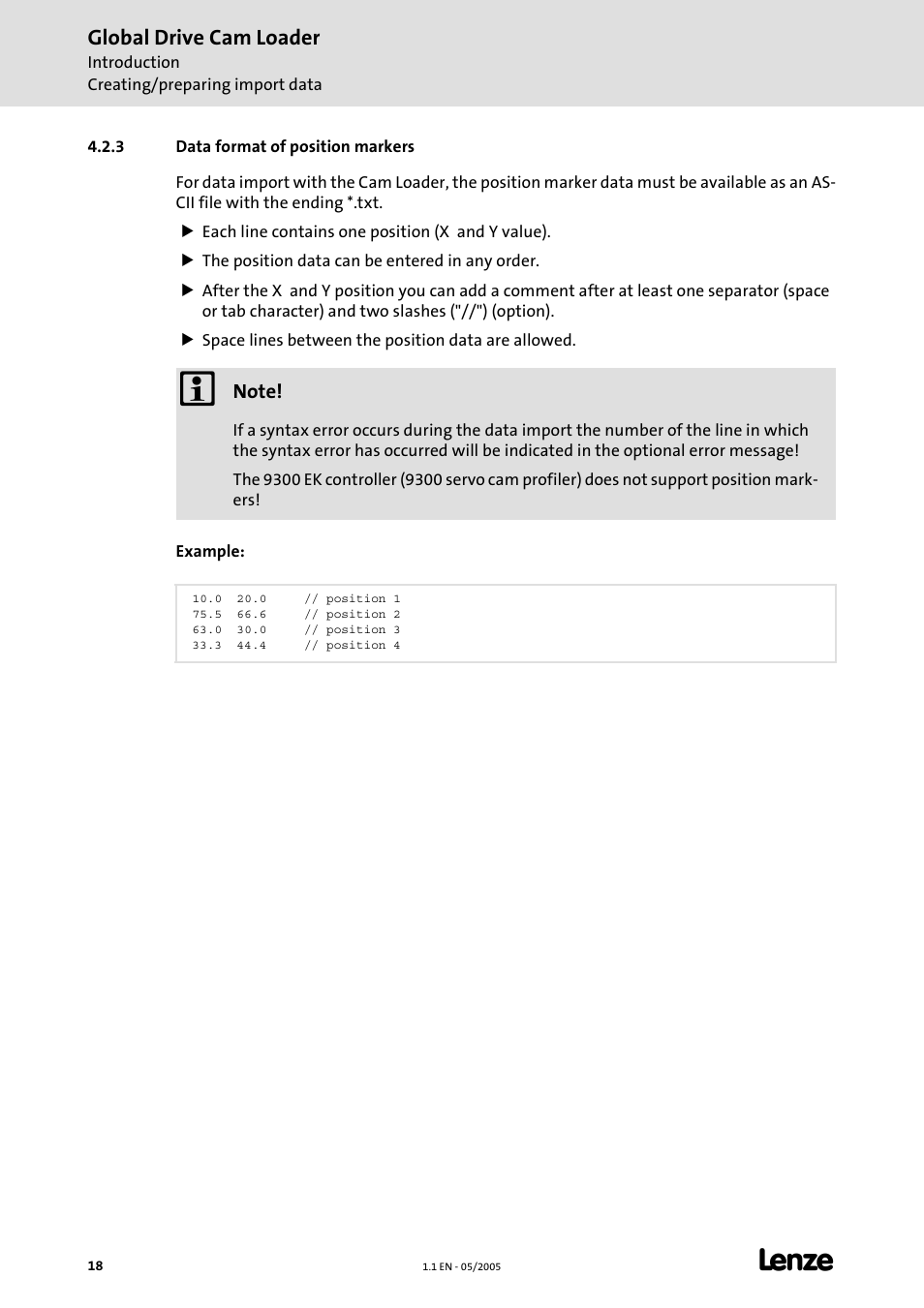 3 data format of position markers, Global drive cam loader | Lenze Global Drive Cam Loader User Manual | Page 18 / 54