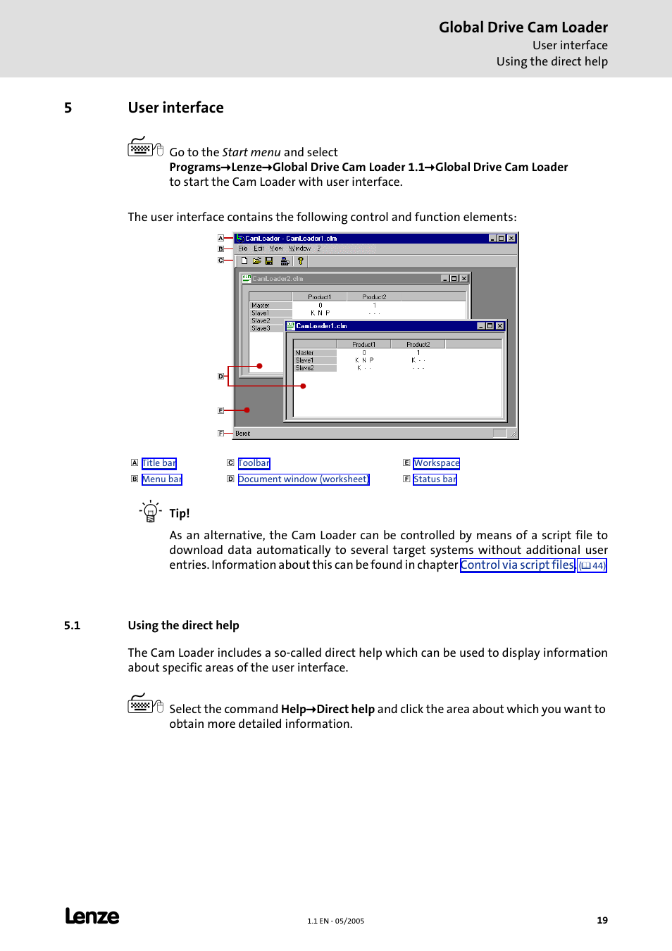 5 user interface, 1 using the direct help, User interface | Global drive cam loader, 5user interface | Lenze Global Drive Cam Loader User Manual | Page 19 / 54