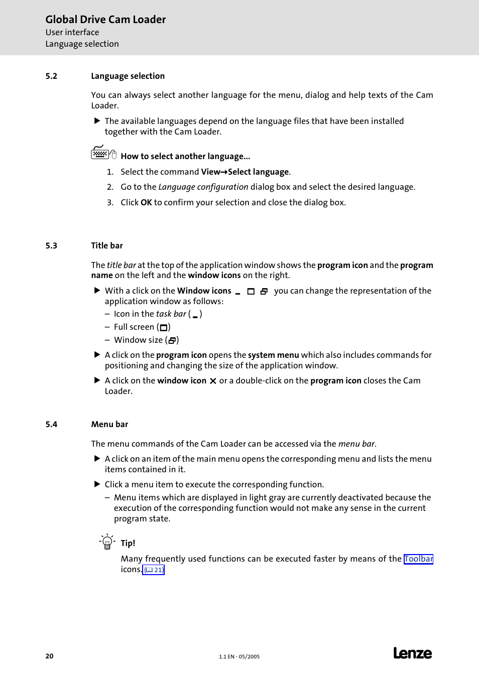 2 language selection, 3 title bar, 4 menu bar | Title bar, Menu bar, Global drive cam loader | Lenze Global Drive Cam Loader User Manual | Page 20 / 54