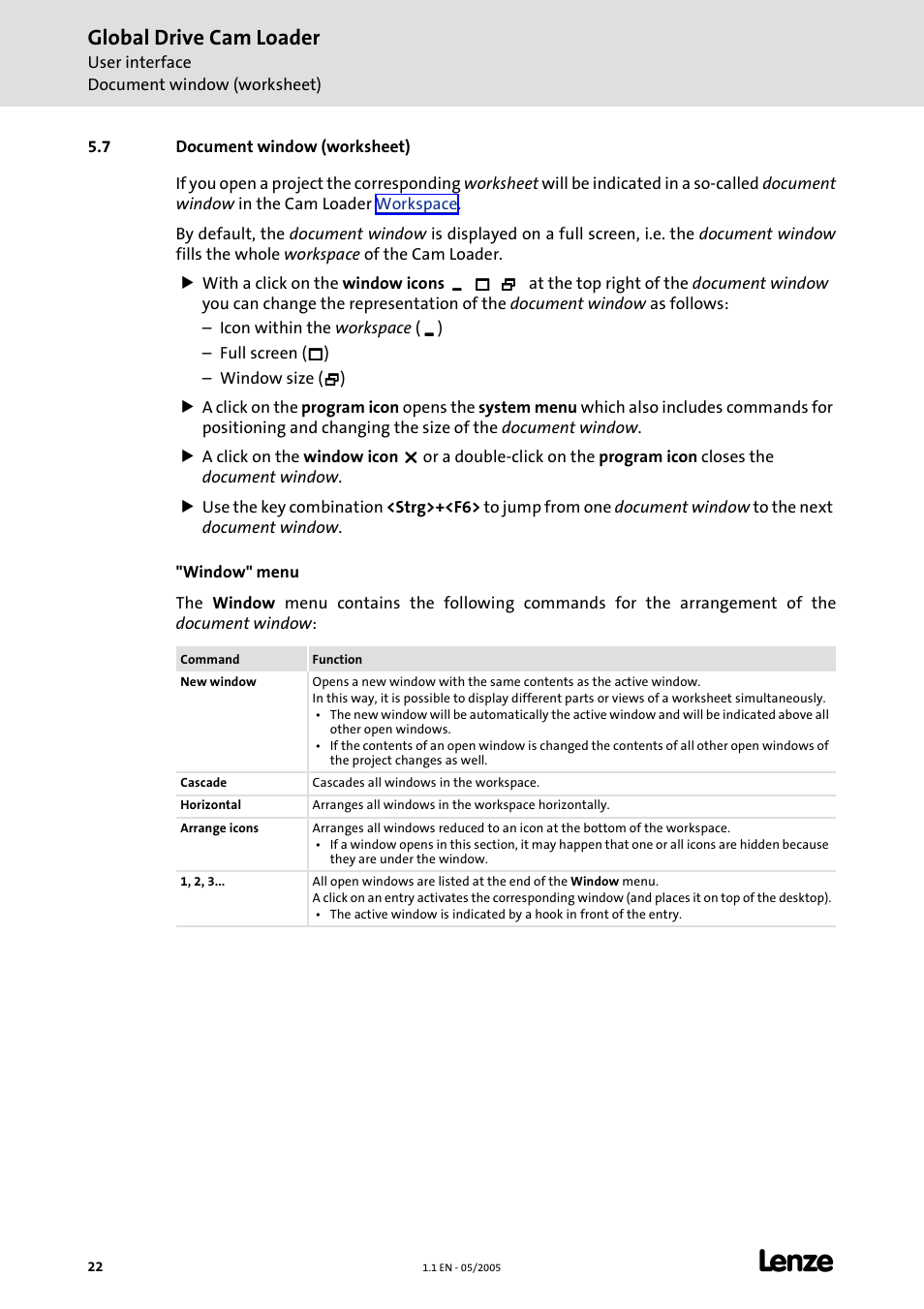 7 document window (worksheet), Document window (worksheet), Global drive cam loader | Lenze Global Drive Cam Loader User Manual | Page 22 / 54