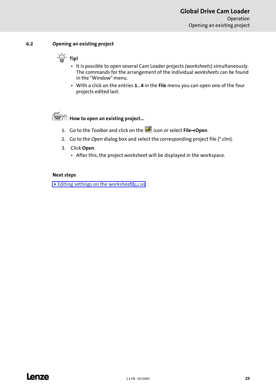 2 opening an existing project, Opening an existing project, 4opening an existing project | Global drive cam loader | Lenze Global Drive Cam Loader User Manual | Page 29 / 54