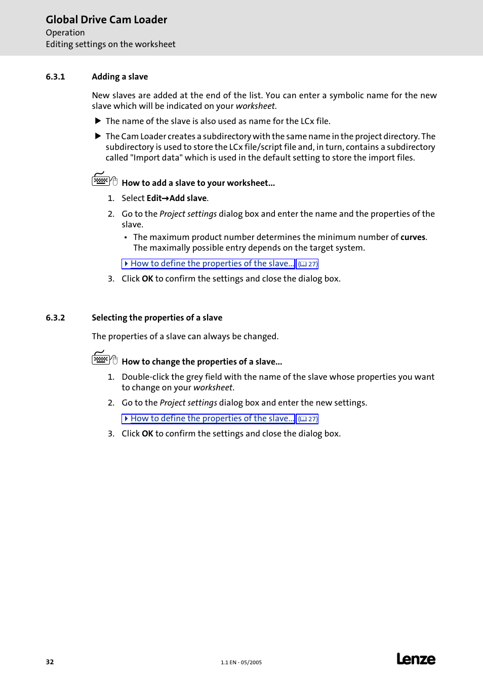 1 adding a slave, 2 selecting the properties of a slave, Global drive cam loader | Lenze Global Drive Cam Loader User Manual | Page 32 / 54